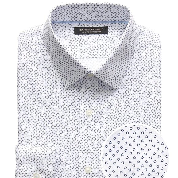 NEW Banana Republic Men's Slim Fit Non-Iron Dress Shirt White with Blue Pattern - Picture 1 of 5